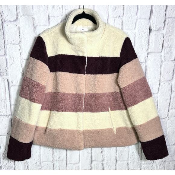 Nordstrom BP Sherpa Teddy Fuzzy Striped Jacket Sweater Snap Closure Size Large - Picture 1 of 7